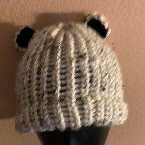 Cozy Knit Kids Hat with Bear Ears - White/Black & Brown (New-Handmade)